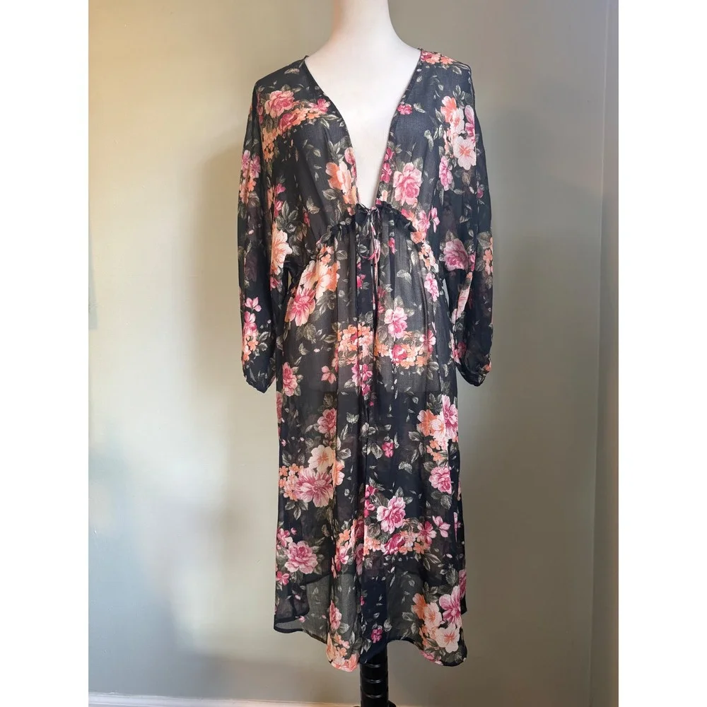 AmericanEagle Floral Kimono Duster Black Pink Sheer whimsigoth Coverup XS S boho